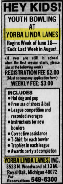 Yorba Linda Lanes - June 1984 Ad (newer photo)